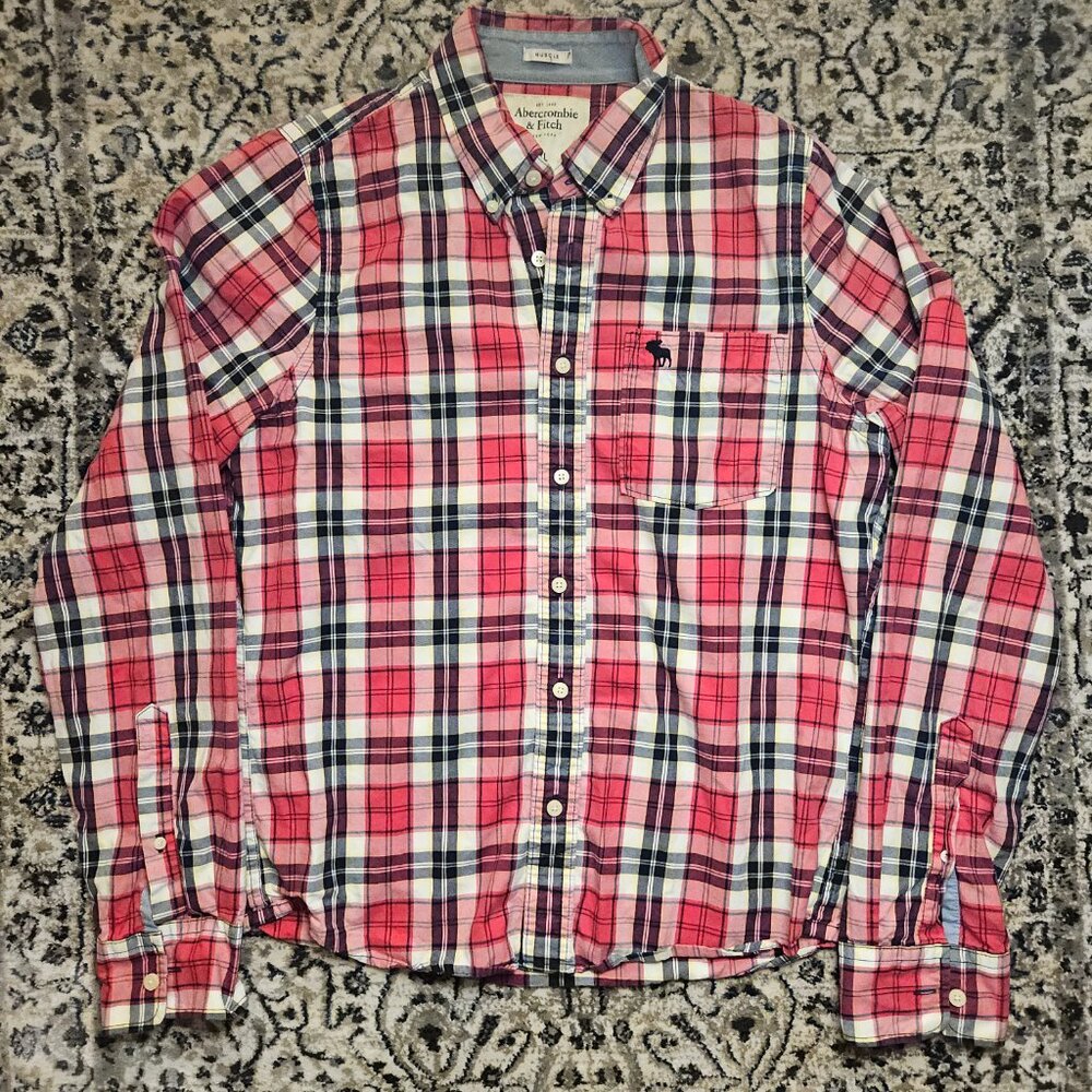 Abercrombie & Fitch Plaid Button Up Shirt Red Blue Mens XL Preppy Collegiate Y2K
